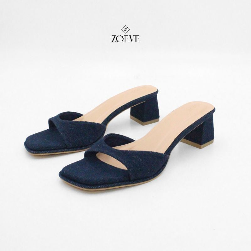 ZOEVE x DREN Sandal Wanita Biru Jeans Denim Hak 5 cm [ LEA FLARE HEELS ]