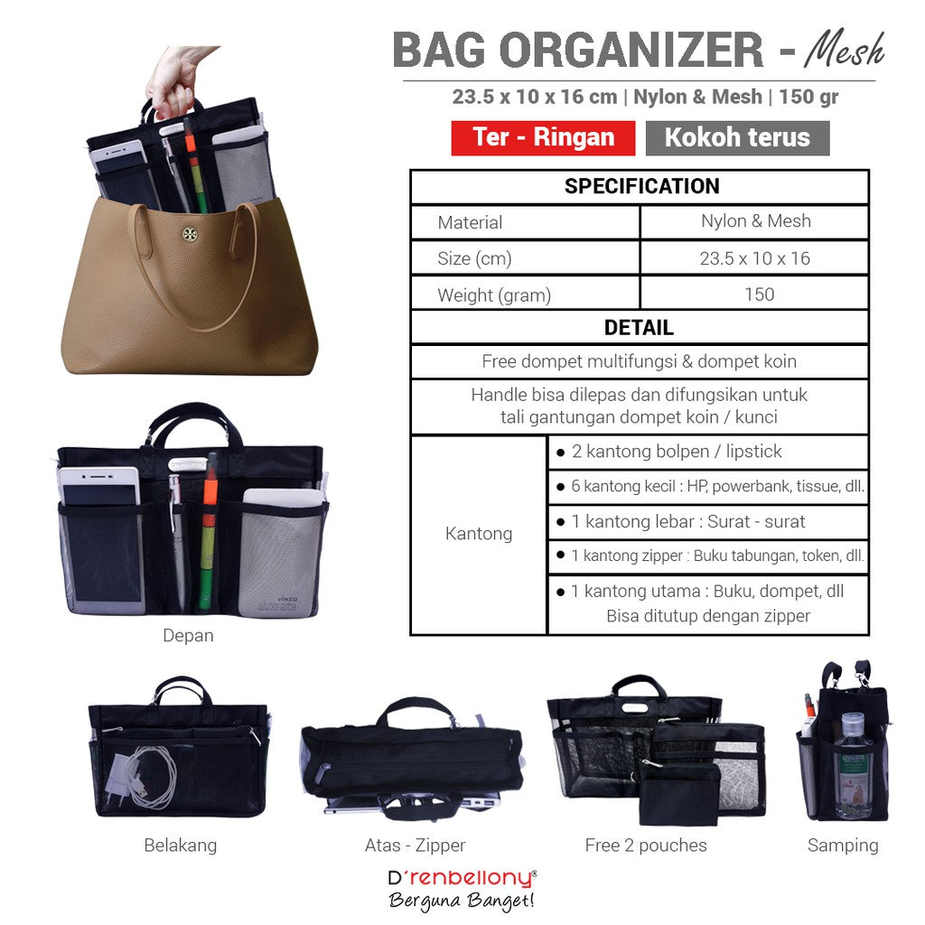Bag Organizer Dalaman Tas Wanita ter Ringan MESH DRENBELLONY