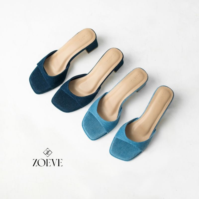 ZOEVE x DREN Sandal Wanita Biru Jeans Denim Hak 5 cm [ LEA FLARE HEELS ]