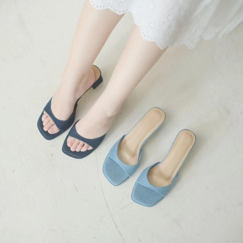 ZOEVE x DREN Sandal Wanita Biru Jeans Denim Hak 5 cm [ LEA FLARE HEELS ]