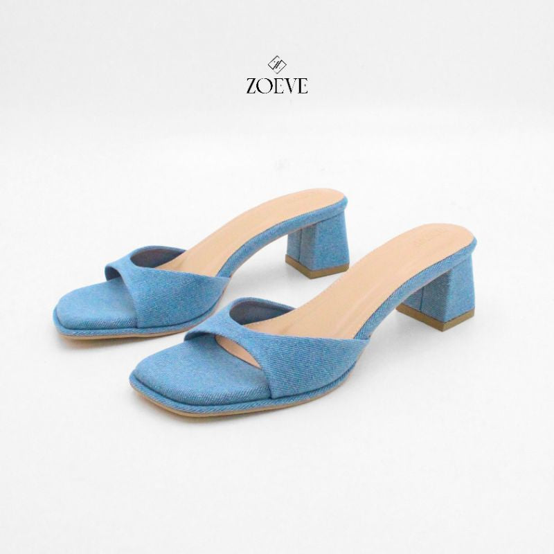 ZOEVE x DREN Sandal Wanita Biru Jeans Denim Hak 5 cm [ LEA FLARE HEELS ]