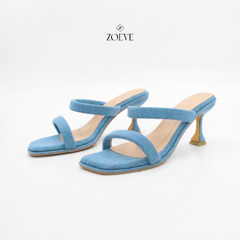 ZOEVE X DREN Sandal Wanita Biru Jeans Denim Hak 7 cm [ LEE SPOOL HEELS ]