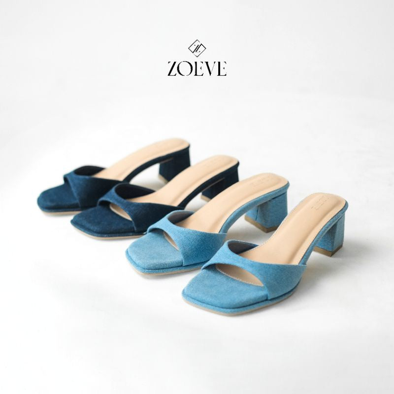 ZOEVE x DREN Sandal Wanita Biru Jeans Denim Hak 5 cm [ LEA FLARE HEELS ]