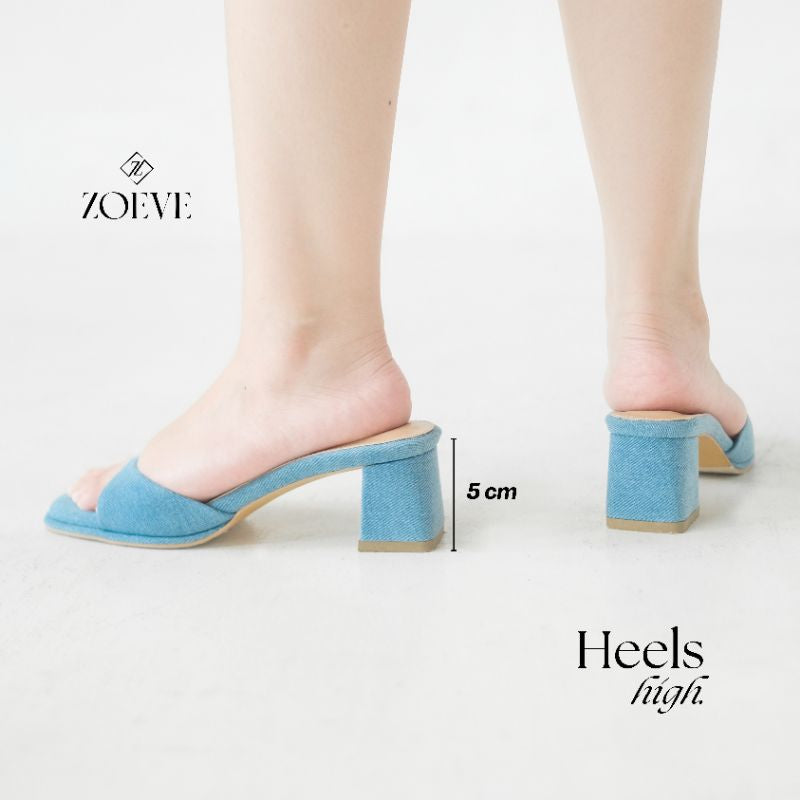 ZOEVE x DREN Sandal Wanita Biru Jeans Denim Hak 5 cm [ LEA FLARE HEELS ]